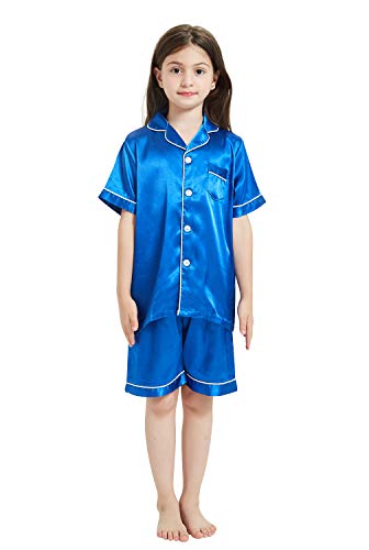 Little Girls Boys Pajamas Set Satin Silk Short Sleeves Sleepwear Pjs 2 Piece Button-Down Clasic Loungewear