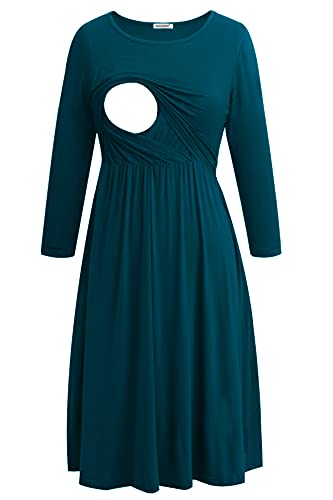 Smallshow Nursing Dresses Robe d'allaitement maternité à Manches 3/4 pour Femmes Teal L