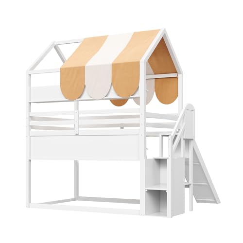 Image of Bellemave Bunk beds Full Over Full with Slide and Stair and Bookshelf House roof Design, Low bunk /loft Bed for Kids,White