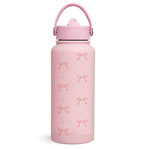 Image of Nymora Pink Bow Water Bottle 800ml (27oz) Insulated Water Bottle Stainless Steel Water Bottle with Straw and Adjustable Lid Daily Drink Flask for Women Girls, Gift for Teen Girls Christmas
