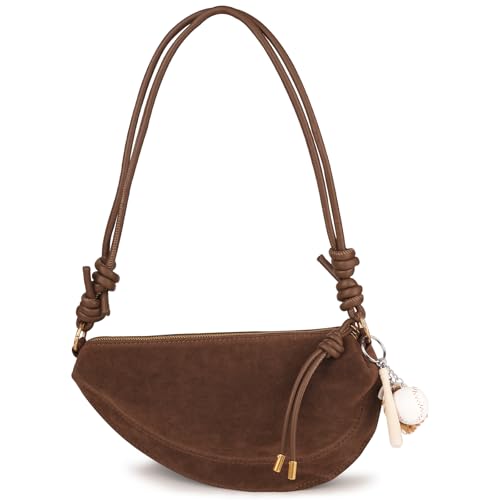 Image of Small Suede Dumpling Crossbody Bag for Women, Hobo Shoulder Purse with Cute Baseball Charms & Adjustable Strap