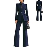 Damen Business Anzüge Elegant Hoher Kragen Blazer Weites Bein Hosen Set Business Casual Outfits Professionelle Büro Arbeitssets, marineblau, M