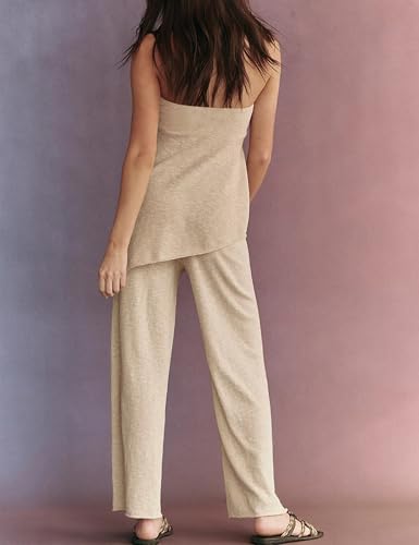 Image of Women Summer Knit Sweater Sets Sexy Tube Top and Loose Pant Lounge Matching Set 2025 2 Piece Outfits Khaki