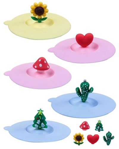 FUGLUS Couvercle Tasse en Silicone, 5 Pièces Ronde Couvercles de Tasse Verre Silicone avec Poignée, Réutilisables Anti-Poussière Couvercle Tasse, pour...