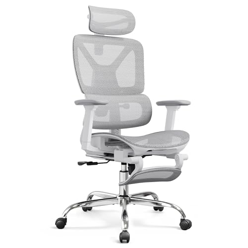 DEVAISE Ergonomic Mesh Office Desk Chair with a Footrest, Heavy Duty, High Back Reclining Swivel Comfy Home Computer Chair with Lumbar Support, SGS Class 4 Gas Lift, for Work Home Office, White