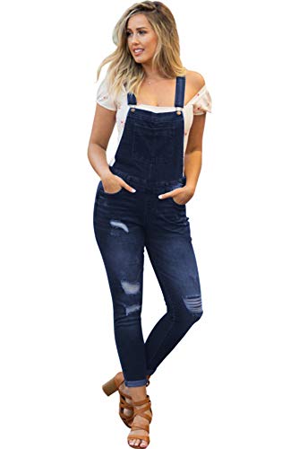 NioBe Clothing Women's Juniors Rolled Cuffs Ankle Length Distressed Denim Overalls (Large, Dark Denim)