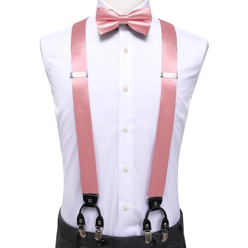 Image of Hi-Tie Men Suspender Bowtie Set Suspenders Pre-tied Bow Tie Pocket Square Cufflinks Adjustable Y Shape 6 Clips Braces Tuxedo