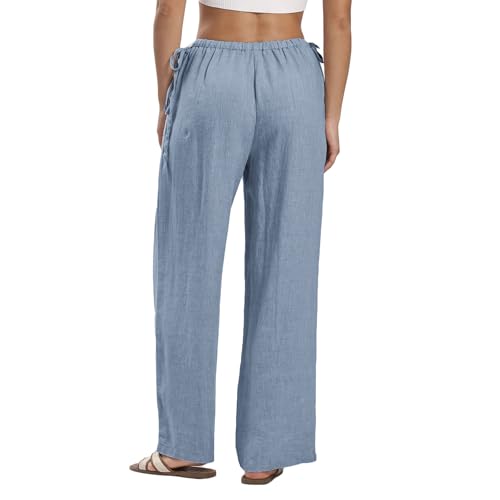 Amazhiyu Women's 100% Linen Pants Summer Casual Wide-Leg Lounge Palazzo Pockets2