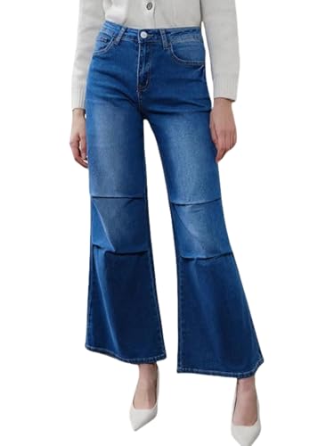 ONESO Womens Wide Leg Jeans Mid Waist Trendy Baggy Pleated Leg Jeans for Women Stretchy Denim Jean