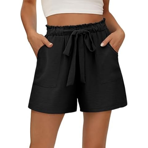 KISSMODA Womens Summer Shorts with Pockets Lightweight High Waisted Adjustable Tie Knot Casual Short A Black Cover