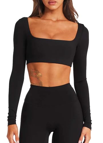 TZLDN Damen Sport Top Langarm Sportshirt Crop Top Bauchfreies Oberteil Cropped Sporttop Fitness Dance Yoga Gym Outfit Schwarz S