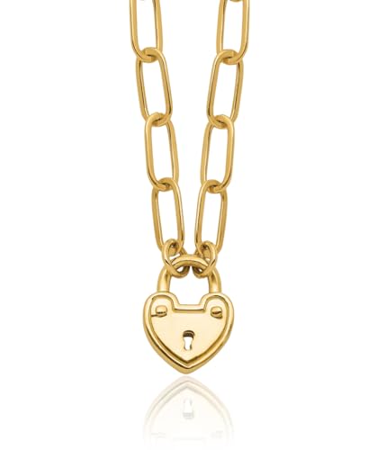 14K Solid Yellow Gold Heart Love Lock Charm Paperclip Link Chain Necklace
