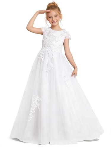Liwecit White Flower Girl Dresses Tulle Junior Bridesmaid Dress Puffy First Communion Dress for Girls Baptism Formal Gown for Wedding Party Ruffle Pageant Dress Teens Cute Ball Gown Size 4