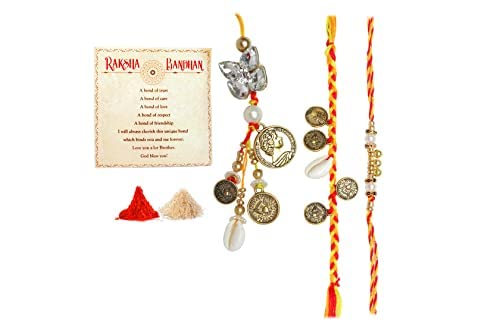 Aditri Creation Bhaiya Bhabhi Bhai Dooj Rakhi Set/Rakhi Lumba Set with Dora for Brother and Bhabhi/Rakhi Thread Bracelet Dori Set of 3 with Roli Chawal and Pack in Pouch Potli Bag for Diwali Festival Cover