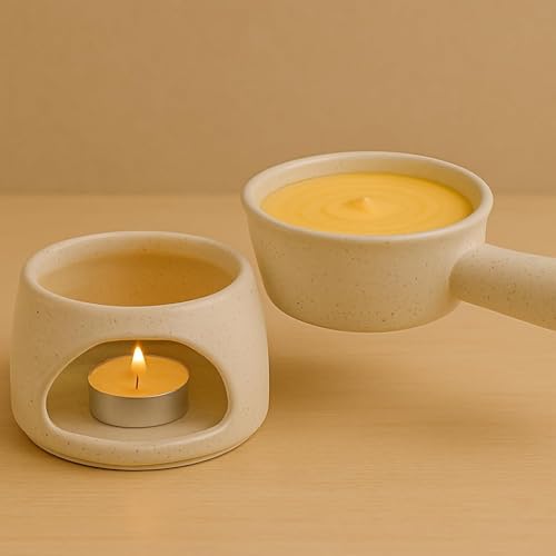 Image of Ceramic Fondue Set Pack of 2 (2 Piece of Fondue Set, 4 Tea Light Candle), Capacity 180 ml, White Matt & Grey