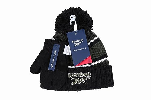 Reebok 2-Piece Baby/Toddler Winter Hat and Mittens Set Warm Knitted Pom Beanie & Gloves Kids Cozy Cold Weather Accessories3