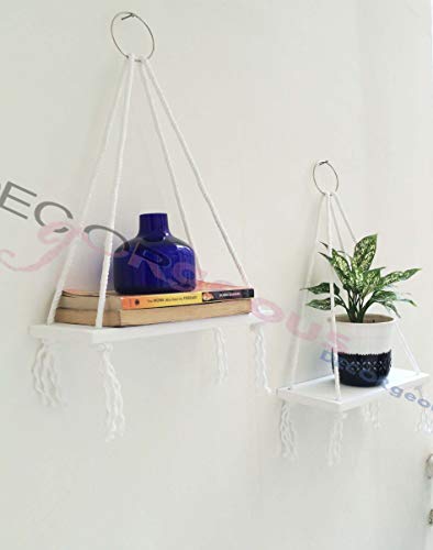 kppreal White Wood Hanging Shelf Bohemian Nordic Style Floating Swing Rope Display/Flower Pot Shelf/Rack Perfect for Home & Office Decor (Small Pair Shelf) 12x5 inches Each