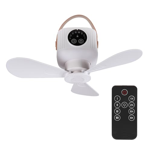 Bestlivings Mobiler Deckenventilator mit Akku & Licht 3600mAh USB Ventilator mit Fernbedienung 4 Stufen Timer leise tragbar für Camping Garten Indoor