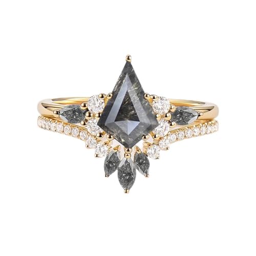 10K/14K/18K Gold Natural Salt and Pepper Ring Set Diamond Kite Cut Round Salt and Pepper Ring Set for Women Personalized Engagement Wedding Band Jewelry Gift for Mother’s Day Women Mom Her