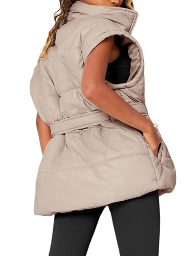 Danedvi Women's Oversized Puffer Vest Stand Collar Cap Sleeve Padded Gilet Outerwear with Belted4