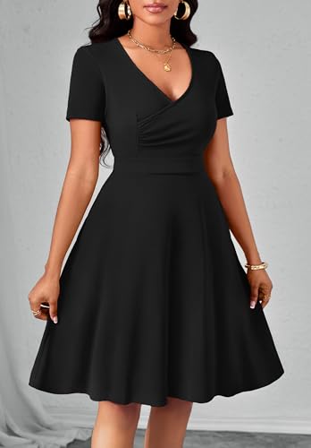 Women Summer Short Sleeve Dress V Neck Semi Casual Fit and Flare Church Wedding Guest Work Dresses with Pockets4