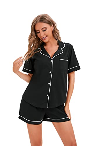 Lubot Women's Pajamas Set Cotton Short Sleeve Button-Down Shirt Pj Pants Two-Piece Shorts Set Summer Night Suit Sleepwear Loungewear (Black, M) #TOP28