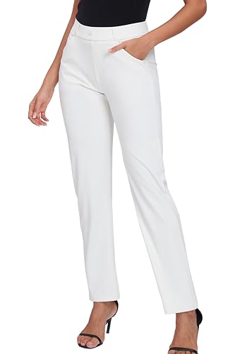 Oalka Women's Dress Pants Straight Leg Yoga Work Stretchy Pant for Office Business Cream White Short L