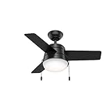 Hunter 36 inch Small Indoor Ceiling Fan with LED Light and Pull Chain - Modern Ceiling Fan, Standard Mount, 3 Blades, For Bedroom, Home Office, or Laundry Room, Quiet - Aker 59302, Matte Black