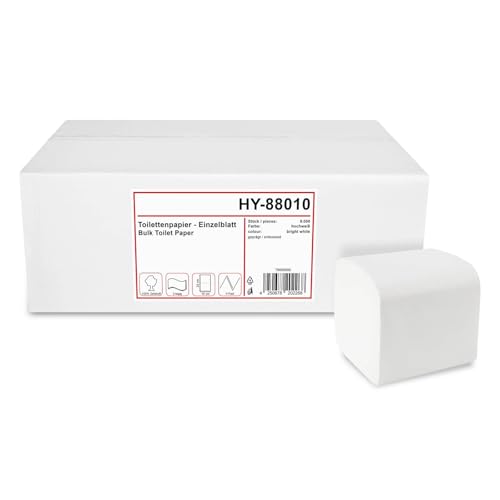Toilettenpapier Einzelblatt Zellstoff 2-lagig, 10 x 22 cm – 9000 Blatt, hochweiß, extra weich, hygienisch, V-Falz, saugstark, für Spender, Großpackung, gewerblich & öffentliche Toiletten