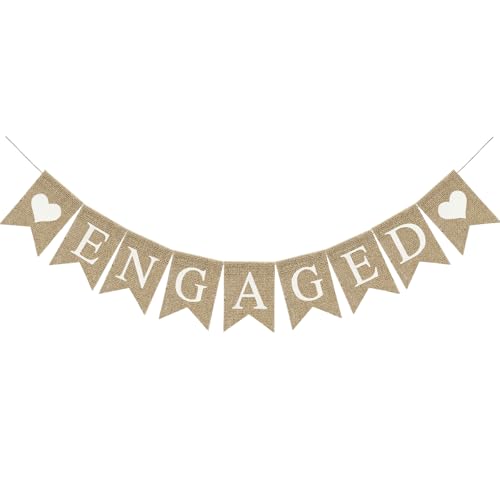 Engaged Banner Brown Burlap Sign Romantic Engagement Party Decorations Pre-Strung Heart Banner Garland Sign for Wedding Bridal Shower Party Backdrop Decorations by JHZMCRX - Used condition - US$7.10