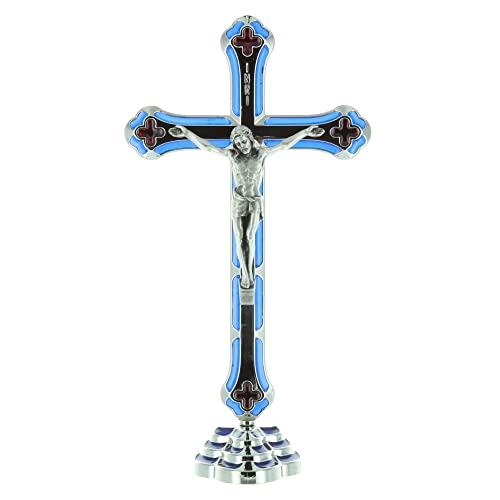 Catholic Gift Shop Silver Standing Metal Crucifix with Blue & Red Enamel (12420), Blue,Red,Silver, 15L x 8W cm