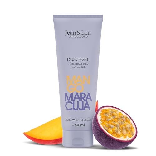 Jean & Len Gel de ducha Mango & Fruta de la Pasión, pH ideal para la piel, enriquecido con extracto de mango y fruta de la pasión, gel de ducha vegano, sin parabenos ni siliconas, 250 ml