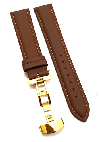 Image of 18mm 19mm 20mm 21mm 22mm 23mm 24mm Genuine Leather Butterfly Deployment Clasp Buckle Watch Band Strap Black Dark Brown TAN Blue Rose Black Gold White