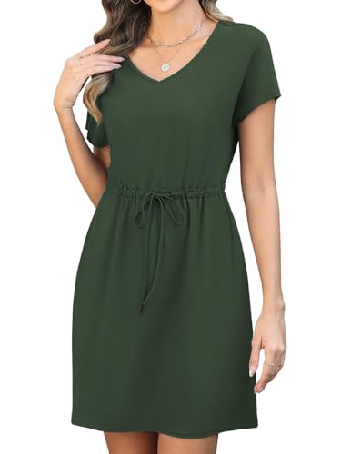 Womens Summer Dresses 2025 Casual Tie Front Short Sleeve A Line Midi Shirt Dress Beach Vacation Clothes3