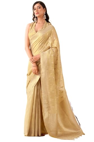 Image of SWORNOF Gold-Toned Woven Design Silk Zari Tissue Saree | Saree for Women | Soft and Skin Friendly