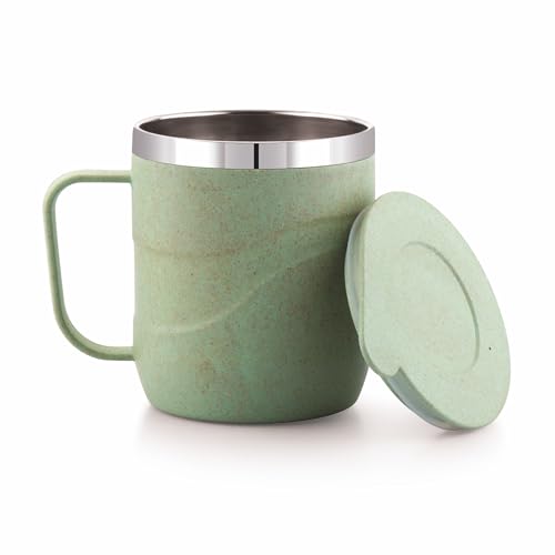 Image of ATTRO Brew Mug - Stainless Steel Inner with eco Friendly Outer Body Durable & Stylish, Microwave Safe Coffee /Tea Mug with Handle & Lid, Ideal for Home, Office, Travel & Gifting - 300ml - Pastel Green