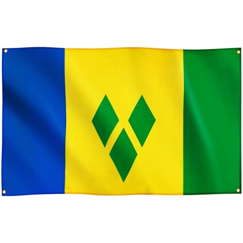 Runesol Drapeau de Saint-Vincent et les Grenadines, 91x152cm, 3ft x 5ft, 4 Anneaux, œillet dans chaque coin, Drapeaux caribéen, Drapeau trois losanges, Jour des héros nationaux, Extérieur