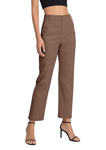 EXCHIC Damen Komfortabel Dehnbar Gerade Bein Freizeit Hosen Hohe Taille Arbeitshose mit Taschen(M, Tiefer Kaffee)