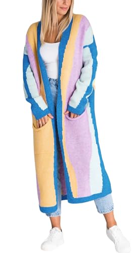 Image of chouyatou Women's Fall Open Front Color Block Long Cardigan Sweater Coat Casual Vertical Striped Coatigan