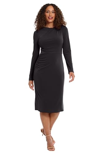 Image of London Times Women's Dresses Draped Neckline Slimming Midi Length Jersey Sheath Dress with