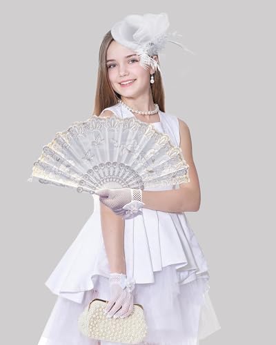 Mini Tea Party Hat Girl Fascinator with Pearl Necklace Earring Gloves Set for Girls Birthday Wedding 1920s Costume3