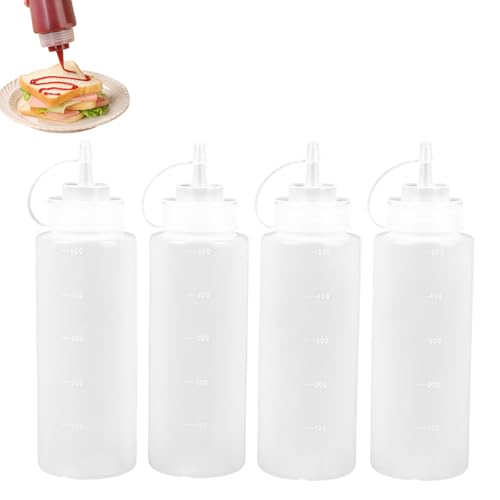 Tharvolex Squeeze Bottles 4Pcs 18oz/ 500ml Plastic Sauces Bottles with Nozzles Clear Squeezy Bottles Condiment Dispensers with Measurements for Ketchup Mustard BBQ Sauce & Salad Dressing