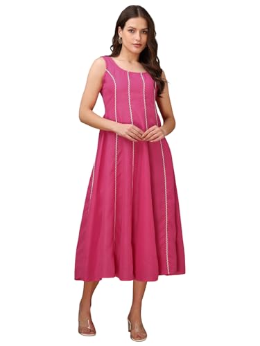 Image of PURVAJA Women's Round Neck Flared Cotton Blend Dress (Floe-043-045)