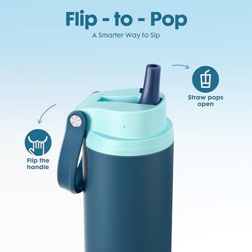 Image of Meoky 24 oz Insulated Stainless Steel Water Bottle: Flip-to-Pop Straw, Leak Proof, 24H Cold, Wide Mouth, BPA-Free, Non-slip Base, Gym Water Bottle for Men Teen Boys, Denim