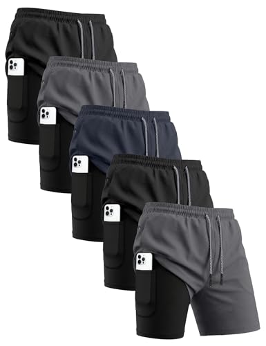 HOPLYNN 5 Pack Mens 2 in 1 Running Shorts with Liner, Quick Dry Workout Training Gym Athletic Sport Shorts with Pockets 2 Black 2 Gray 1 Blue X-Large