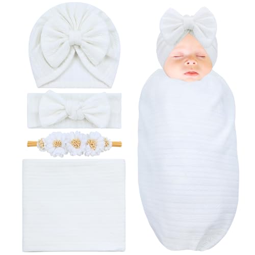 Image of Cinaci 4pcs White Soft Nursery Newborn Baby Receiving Swaddle Blanket with Matching Turban Hat Bow Headbands Floral Nylon Headbands for Baby Girls Newborn Infants