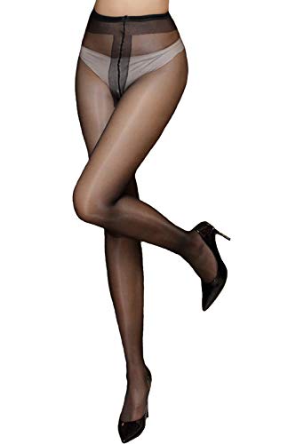 Confonze Women's High Waist Control Top Tights Sheer Shiny Pantyhose T Crotch Silky Stockings (Black)