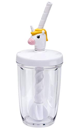 Joie Kitchen Gadgets MSC International 16162 Joie Unicorn Milk Mix with Lid Pump and Drinking Straw, 10-Ounce Capacity, Unicron Cup, White, Plastic