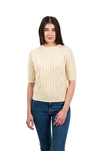Image of Traditional Irish Sweater for Ladies Short Sleeve Cable Knit - 100% Merino Wool