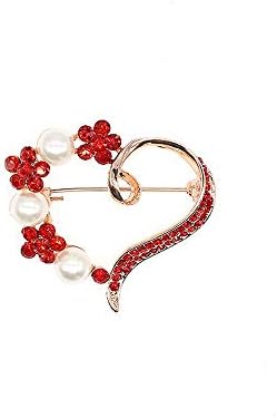 Heart Brooch For Women Cluster Pave Clear Crystal Love Heart Pearl Brooch Pin Wedding Party Clothes Accessories (rose gold red crystal+white pearl)